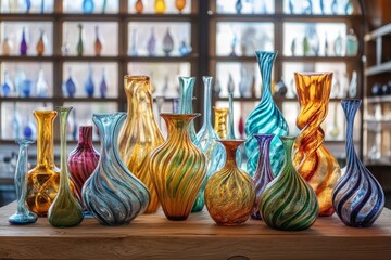 Vibrant hand-blown glass vases in various shapes and colors, creating a stunning display on a wooden table in a glassblowing workshop