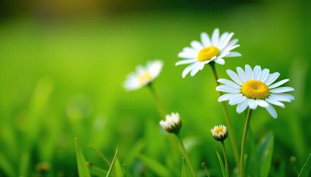 Daisies growing in a lush green lawn with tall grass, green grass, English Daisy, Pomponette