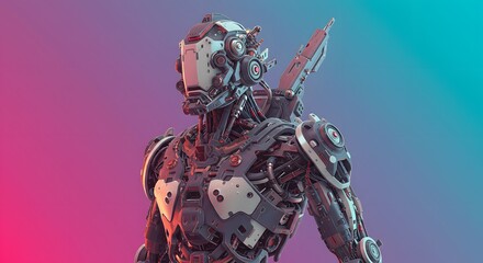 Fototapeta premium Detailed Futuristic Robot Isolated on Colorful Gradient Background for Tech Concepts