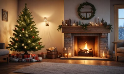 Fototapeta premium Spruce Christmas tree in a warm and inviting fireplace, spruce tree, evergreen tree, tree ambiance