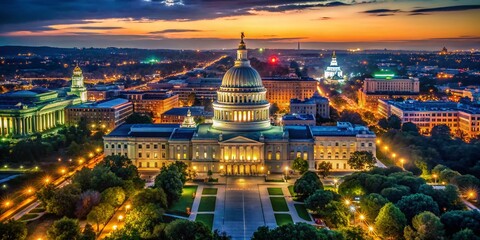 Fototapeta premium Capitol Hill Night Drone Photography: Illuminated Monuments & Cityscape
