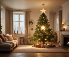 Star-shaped Christmas tree in a cozy living room with warm lighting and soft furniture , winter coziness, indoor christmas