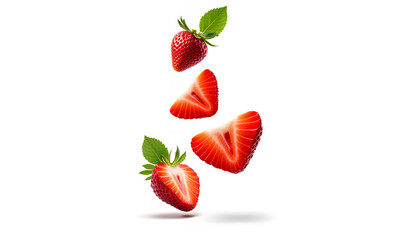 Ultra High-Resolution Image of Floating Fresh Strawberries and Half Slices with Green Leaves on White Background