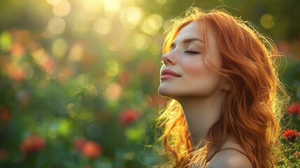 Naklejka premium Serene Young Woman Enjoying Nature in Sunlit Flower Field