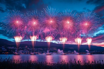 Spectacular fireworks display over a serene lake at dusk, illuminating the sky and landscape