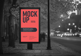 Urban Street Billboard Mockup &ndash; Vertical Advertising Poster on City Sidewalk Display for Outdoor Marketing Campaigns, Events, or Branding Presentations
