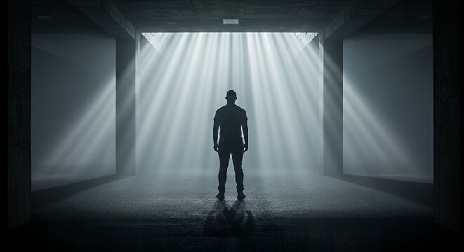Silhouette of Man Standing in Light Beam in Dark Room