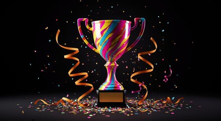 Colorful Trophy Celebration Achievement - Award winning, success, victory, celebration, achievement. A vibrant trophy with confetti signifies triumph and success