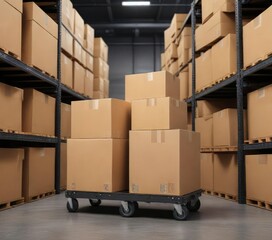 Storage unit with neatly stacked cardboard boxes and additional boxes on a cart nearby, packing, inventory