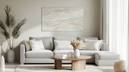 Fototapeta premium Minimalist living room interior with beige sofa, wooden coffee table, pampas grass, and artwork.