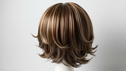 Fototapeta premium Wig Display: A meticulously crafted wig showcases a natural-looking hair style with beautiful highlights, ready to transform appearance.