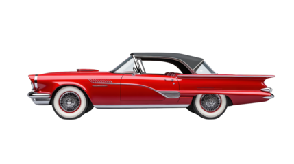 A red car with a black top is parked on a white background