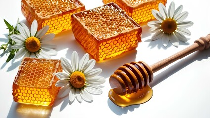 Ultra High-Resolution Image of Honeycomb with Chamomile Flower and Wooden Honey Dipper Isolated on White Background