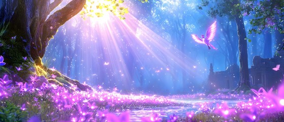 A forest with a tree in the foreground and a pink and purple sky