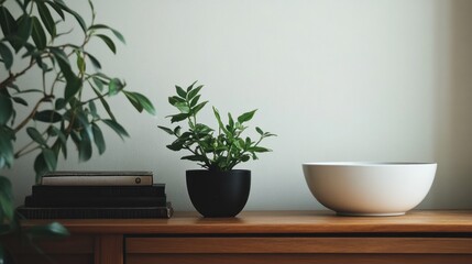 Minimalist home decor features a plant books and bowl