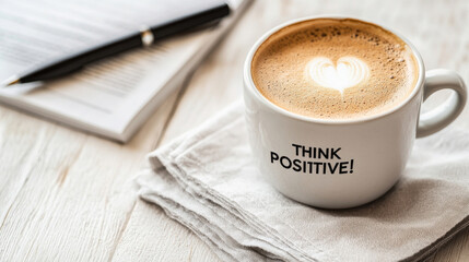 White ceramic coffee mug with motivational text, heart shaped latte art, writing pen, notebook creating positive workspace atmosphere