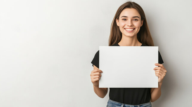 Young woman is holding a blank white poster with copy space, showing it to the viewer and smiling