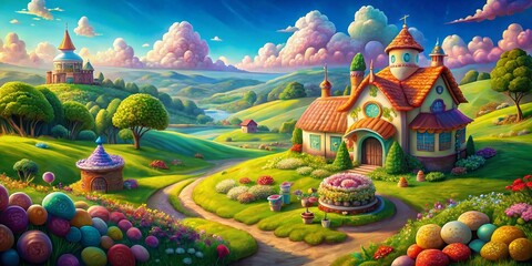 Charming Cartoon Bakery Landscape: Sweet Treats & Rolling Hills