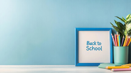 Minimalist concept promoting back to school with blue whiteboard displaying back to school message on light blue background