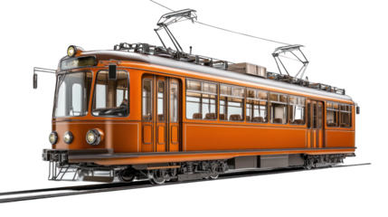 A train with orange and white stripes is on the tracks