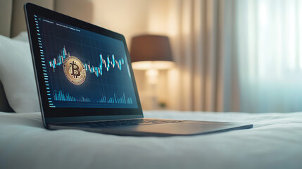 Bitcoin symbol representing cryptocurrency trading, displaying financial market analytics on modern laptop workspace