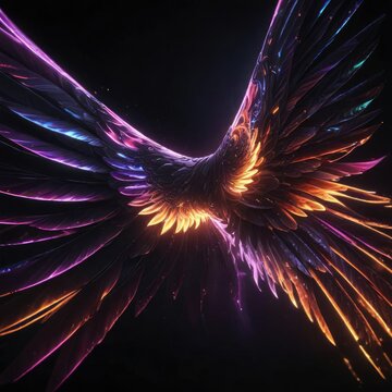 Swirling vortex wing with an isoteric swirl pattern on a black background with neon lights and glowing accents, swirling, digital age, cyberpunk aesthetic