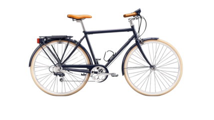 A blue bicycle with a brown seat and a brown handlebar