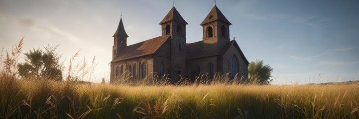 Fototapeta premium Tall grass rustling in the wind next to an old abandoned church , landscape, desolate atmosphere, countryside