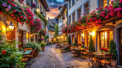 Fototapeta premium Charming Old Town Street Cafe Scenes with Floral Decorations: High-Resolution Stock Photos
