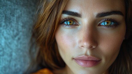 Obraz premium Stunning Close-Up of a Young Woman with Green Eyes and Natural Beauty
