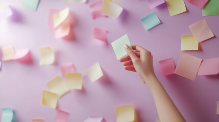 Professional woman planning workflow, arranging color coded sticky notes on lavender wall, fisheye view capturing workspace organization
