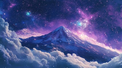 Majestic snow-capped mountain peak rising above a sea of clouds under a vibrant, starry night sky.