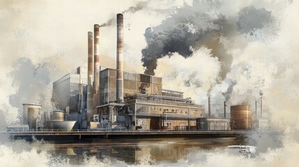 Industrial Complex by the River: A Smoky, Majestic Structure