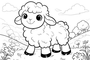 Obraz premium Black and white illustration of a cute sheep in a farm. Kids coloring book page. Concept of rural farm lifestyle