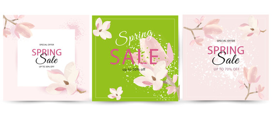Spring sale banner pink,green background with magnolia design. On Vector illustration.