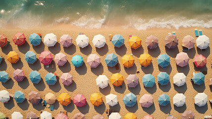 High Angle View of Aligned Beach Umbrellas on Sunlit Summer Beach