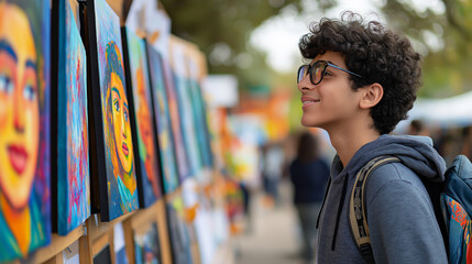 Obraz premium Young woman studying vibrant artworks, standing near outdoor exhibit showcasing diverse cultural portraits with keen interest