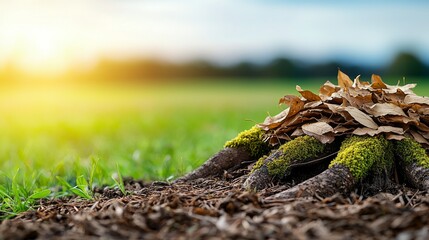 Fototapeta premium Exposed Tree Roots Covered in Fallen Leaves Tranquil Meadow Nature Photography Early Evening Close-Up Environmental Beauty