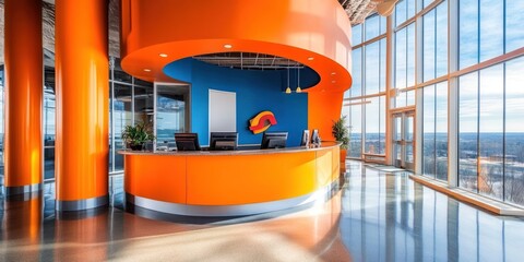 Modern office reception area with orange curved desk, blue wall, and large windows offering a city view.