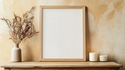 Beige wall with blank wooden frame. Minimalist flat lay design. Natural wooden frame.