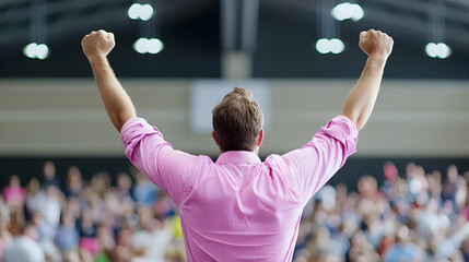 Speaker celebrates success, large audience, indoor venue, motivational event