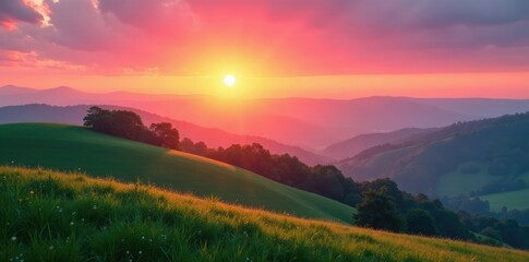 Obraz premium The sun rises above the rolling hills with gentle warmth, sunrise, peaceful, soft pink