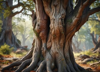 The tree's trunk is gnarled and twisted with age , weathered, twisted, textured