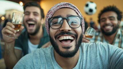 Happy multi ethnic friends having fun drinking and laughing together while watching soccer at a sports bar