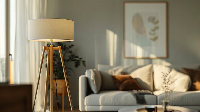 A sleek brass tripod floor lamp standing in a softly blurred modern living room with mid-century furniture and earthy tones.