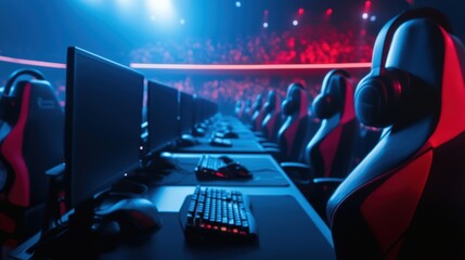 Futuristic esports gaming arena, neon-lit cyberpunk atmosphere, high-energy competitive gaming concept