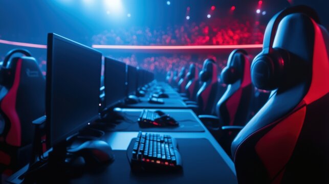 Futuristic esports gaming arena, neon-lit cyberpunk atmosphere, high-energy competitive gaming concept