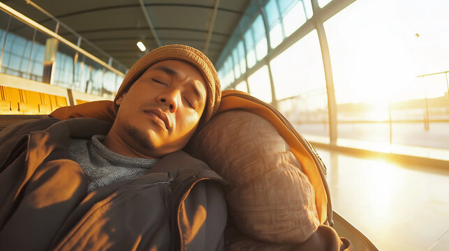 Wide angle shot capturing traveler resting comfortably on backpack, dozing inside bustling airport terminal between connections