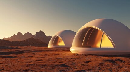 Futuristic Mars colony with AI-controlled robotic infrastructure, self-sustaining extraterrestrial habitat concept