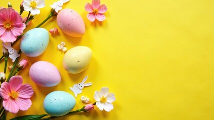 Pastel Easter eggs and blossoms on a sunny yellow background, perfect for springtime celebrations and festive greetings